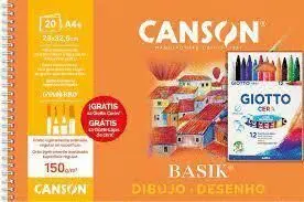 Canson Bloc Papel Basik A4+ 150Gr 20H + Ceras Giotto 12 Colores