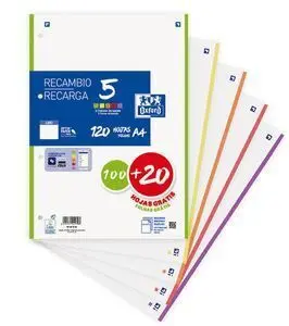 Oxford Recambio Liso 5 Colores 120H 90 Grs A4 Taladrado