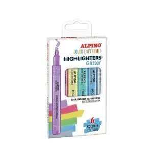 Alpino 6 Subrayadores Purpurina Highlighters Glitter Punta Biselada 1-4Mm Tinta Base de Agua