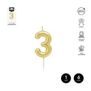 Vela Cera Numero 3 Oro 6 cm