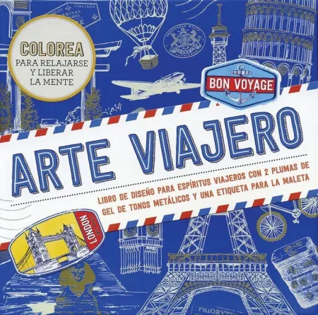 Arte Viajero. Libro de Diseño para Espiritus Viajeros con 2 Plumas de Gel de Tonos Metalicos y una Etiqueta para la Maleta