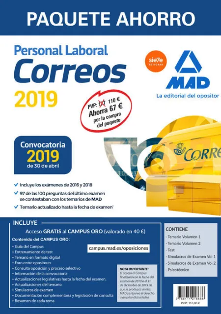 019 6Vols Paquete Ahorro Correos Personal Laboral + Acceso Campus Oro