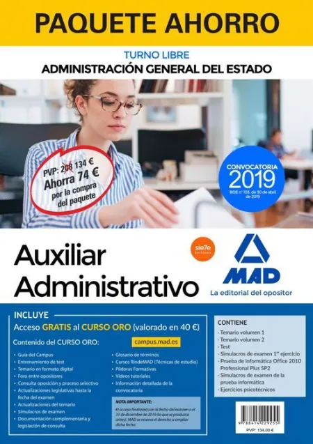 019 7Vols Paquete Ahorro Auxiliar Administrativo del Estado